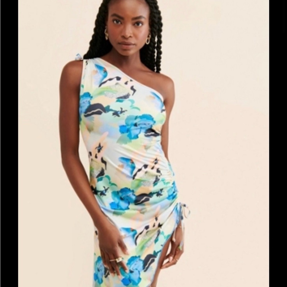 Free People/Mandinga One-Shoulder tropical Dress in Blue and Green